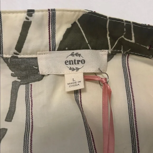 Entro Olive Green Floral Striped Piping Puff Sleeve Babydoll Mini Dress SZ L NWT - Picture 3 of 12